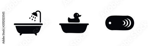 Quadro su tela Minimalist black icon set for hygiene and bathing featuring a shower bathtub, a tub with a rubber duck, and a bar of soap on a white background