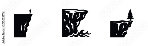 Foto Minimalist silhouette icons of high cliffs featuring a person on the edge, ocean waves at the base, and a lone pine tree
