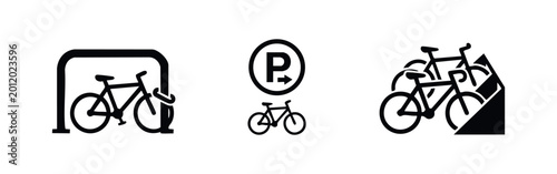 Set of three minimalist black bicycle parking and storage icons, featuring a bike rack, parking sign, and stand on a white background.