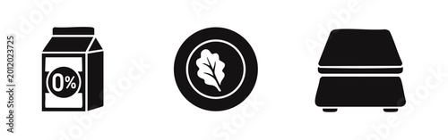 Fotografía Black silhouette icons representing a healthy diet, including a fat-free milk carton, a plate with a leaf, and a kitchen scale for portion control
