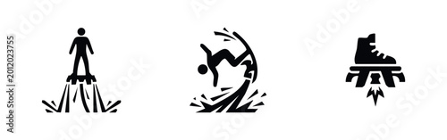 Tableau sur toile Set of minimalist black icons representing flyboarding, featuring people performing stunts on hydroflight devices with water jet propulsion