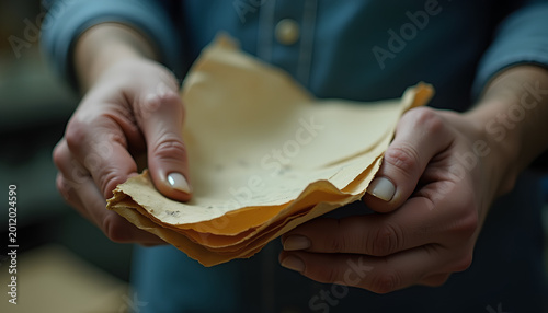 A close-up of hard-working hands covered in grease clutching a crumpled coffee-stained refolded paper with clean short nails and rough calluses and little scars