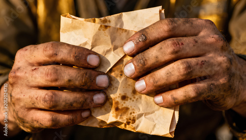 Close-up of tired greasy hands clutching a stained refolded paper showing short clean fingernails and thick calluses and small scars from hard work