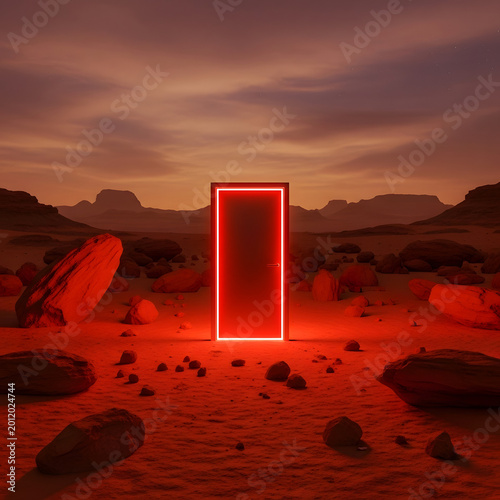 Red metal gate standing on sandy desert dunes at sunset isolated on white background, Vector