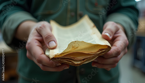 Worn hands covered in grease gripping a coffee-stained refolded document with short tidy nails and callused skin and tiny scars you can see