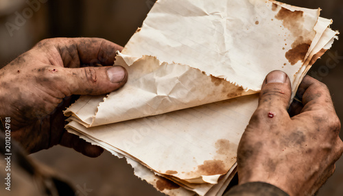 A pair of dirty greasy hands holding tight to a crumpled paper stained with coffee and refolded over and over showing short clean nails and rough calluses and little scars