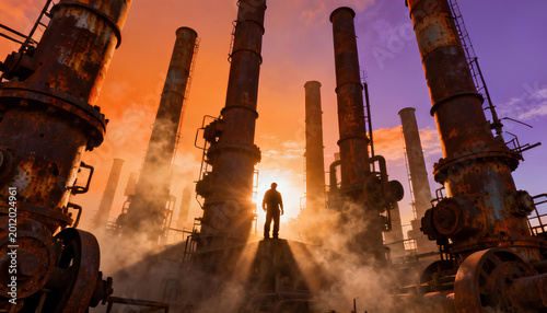 A solitary worker in an endless scrapyard surrounded by giant heaps of rusted steel at golden hour with a stunning orange-purple sunset sky