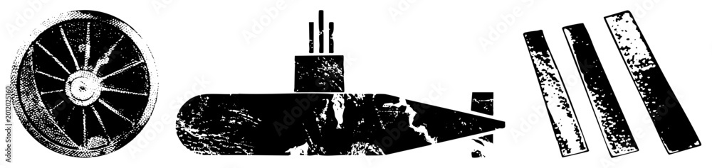 Obraz premium Gritty submersible craft “sub,” “boat,” or “underwater ghost” with spoked wheel, shattered planks, in stark black halftone. Distressed decay/warzone salvage vibe, perfect for edgy branding or posters.