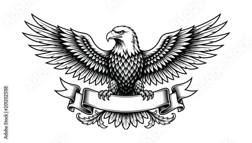 American eagle with spread wings and ribbon banner drawing, monochrome patriotic bird.