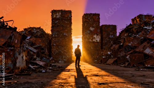 The golden hour sun lights up towering rusted metal piles in a scrapyard where one worker stands alone beneath a vivid orange-purple sky