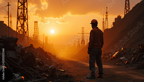 A solitary worker in a vast scrapyard surrounded by giant rusted metal piles as the evening sky turns from warm orange to deep purple