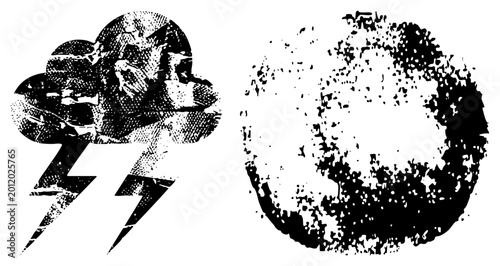 Thunderhead with jagged zaps, glyph, halftone weather symbol gritty cloud burst splatter ring. Called “lightning bug” or “sky crack” rurally. High contrast cutout for edgy branding.