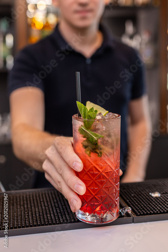 Bartender serving fresh red cocktail with mint and lime in bar