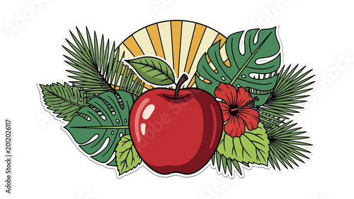 Red Apple with Green Leaves Tropical.