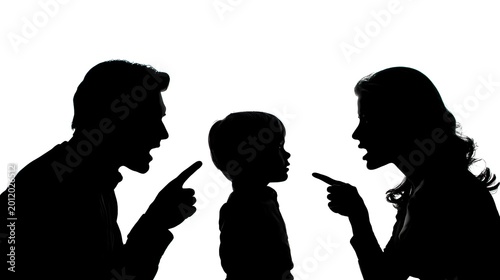 Parents argue while a child listens in silhouette during a heated moment at home in the evening