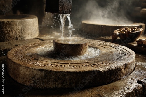 Traditional stone grinder with flowing water and steam