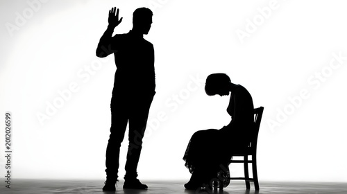 Silhouettes of two people show a conversation with one standing and one sitting in a plain space during daylight hours