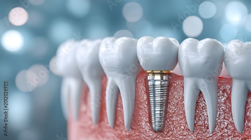 Dental implant placed in a row of natural teeth showing a focus on oral health and dental procedures