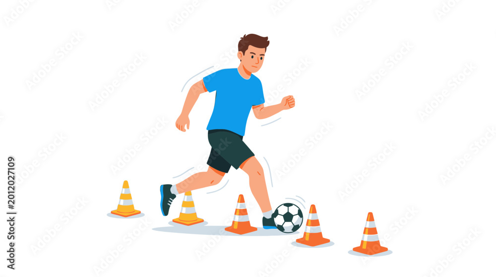 Obraz premium Man kicking soccer ball around cones on for training
