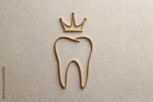 Golden tooth outline with a crown design on a light background displayed for dental decoration or branding