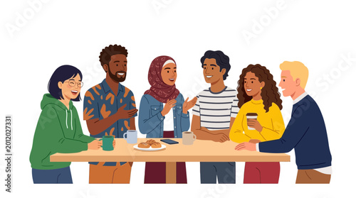 Diverse group of people sitting at a table talking and smiling