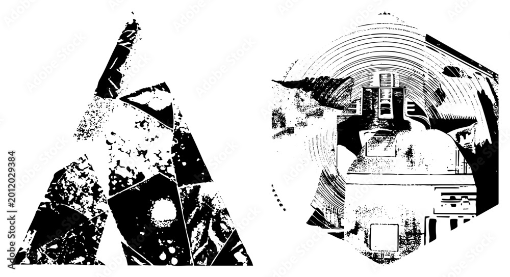 Fototapeta premium Abstract vector cutout merging broken letterforms & gritty halftone swirls “ink smeared glyph” or “grunge rune.” Raw texture, fragmented geometry evoke urban stencil digital decay. Ideal for edgy