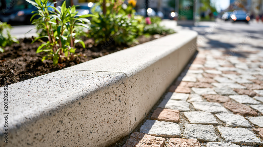 Obraz premium Urban landscape showing a concrete curb separating a patterned cobblestone sidewalk from a modern city street with blurred cars and green plants under bright daylight