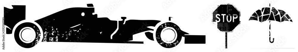 Obraz premium Race car, F1 sled, weather in gritty stencil style street art meets motorsport. Stop sign & umbrella add urban irony to high speed silhouette, ideal for edgy branding or apparel.
