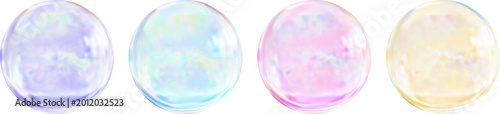 Transparent soap bubbles with pink blue iridescent 3D liquid effect.