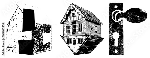 Warped, halftone “wonky shack” with splatter texture and keyhole motif surreal, off kilter, ideal for edgy branding or eerie posters.
