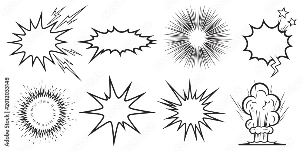 Obraz premium Set of hand drawn comic book style explosion effects and speech bubbles in black and white