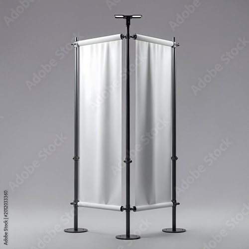 A tall, modern banner stand with a white fabric display, perfect for advertisements or event branding