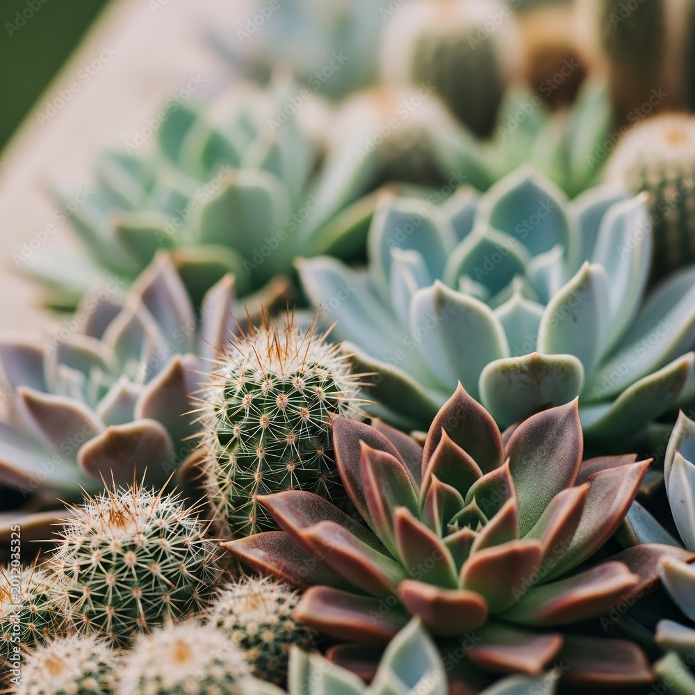 Obraz premium Close-up of a vibrant succulent and cactus plant collection. Diverse green desert flora with intricate textures. Indoor garden arrangement