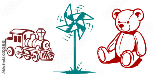 Cute Art Set - Toy train, windmill, and teddy bear in playful illustration  