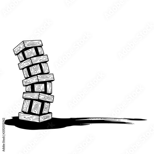 Ink art -  Stacked wooden blocks leaning on black background  