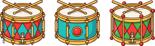 Tableau sur toile Colorful Toy Snare Drum Vector Set with Cross Drumsticks in Festive Red and Blue