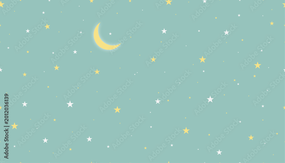 Fototapeta premium Seamless starry sky pattern with crescent moon on soft teal background, cute night vector design