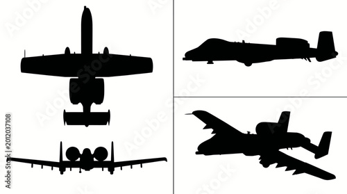 Tableau sur toile A-10 Thunderbolt II Warthog Ground Attack Aircraft Black Silhouette Set 4 Views