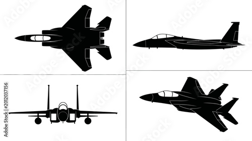 Bild auf Leinwand F-15 Eagle Air Superiority Fighter Jet Black Silhouette Set 4 Views Top Side Fro