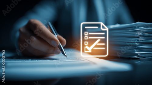 A hand signing documents beside a checklist icon, symbolizing contract approval, compliance review and organized paperwork management.
