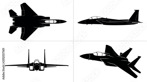 Foto F-15 Eagle Air Superiority Fighter Jet Black Silhouette Set 4 Views Top Side Fro