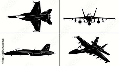 Canvas Print FA-18 Super Hornet Carrier Fighter Jet Black Silhouette Set 4 Views Top Side Fro