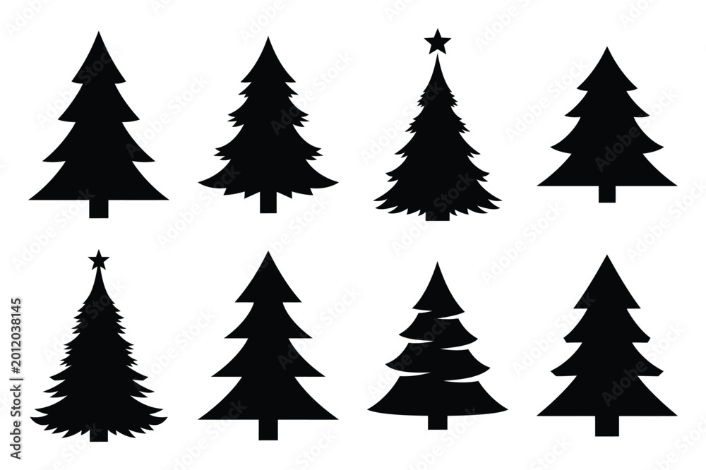 Obraz premium christmas tree silhouette icon set in black color on white background. Christmas Simple vector icons for web design.