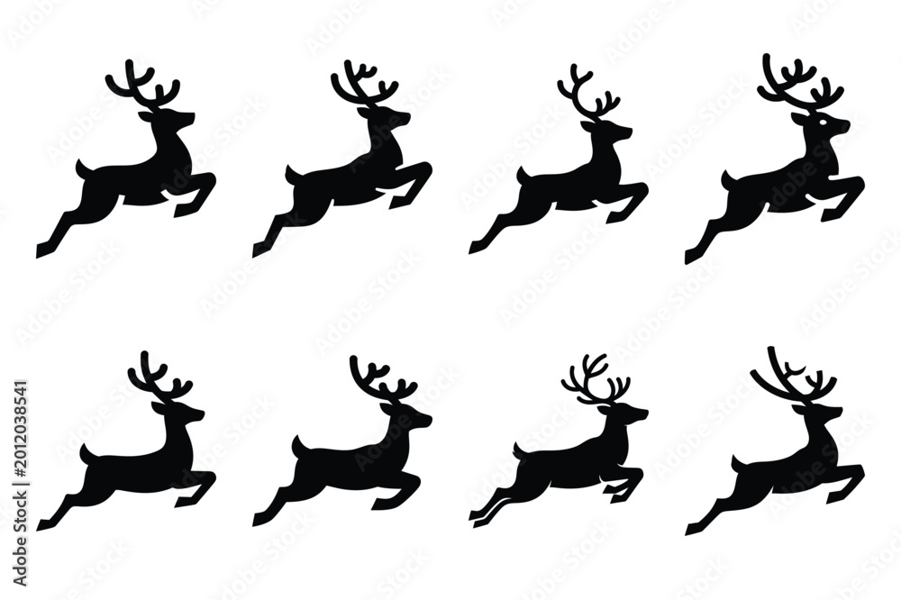 Fototapeta premium flying reindeer silhouette icon set in black color on white background. Christmas Simple vector icons for web design.