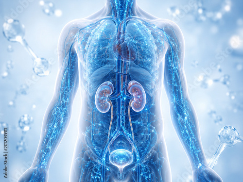 3D medical illustration of the urinary system in a translucent human body.