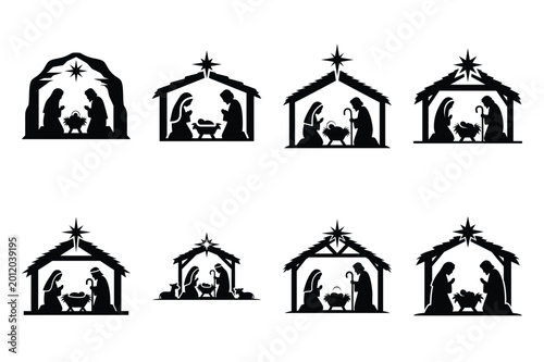 nativity scene silhouette icon set in black color on white background. Christmas Simple vector icons for web design.