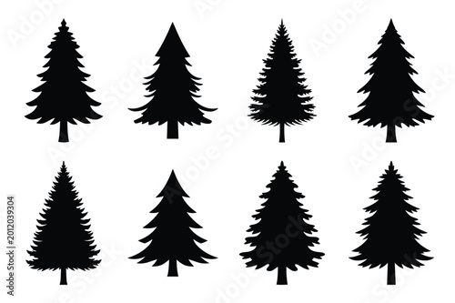 pine tree silhouette icon set in black color on white background. Christmas Simple vector icons for web design.