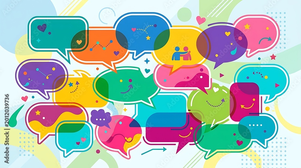 Naklejka premium Colorful speech bubbles with social media icons and shapes