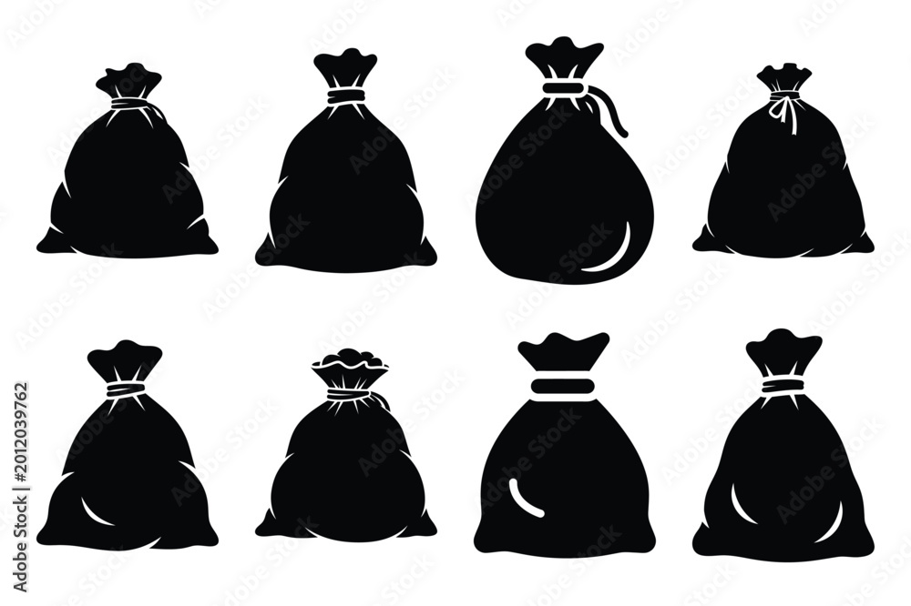 Fototapeta premium santa sack silhouette icon set in black color on white background. Christmas Simple vector icons for web design.
