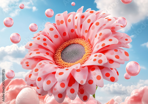Surreal pink polka dot gerbera flower in a cloudy sky